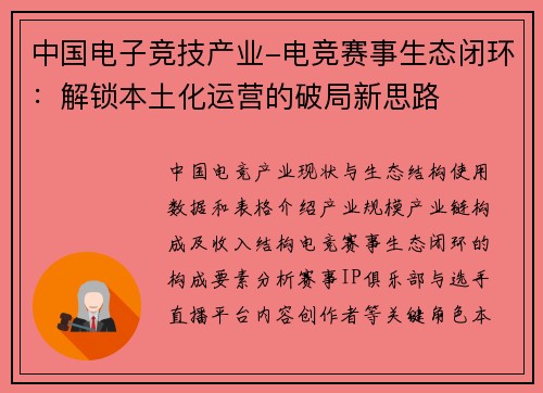 中国电子竞技产业-电竞赛事生态闭环：解锁本土化运营的破局新思路